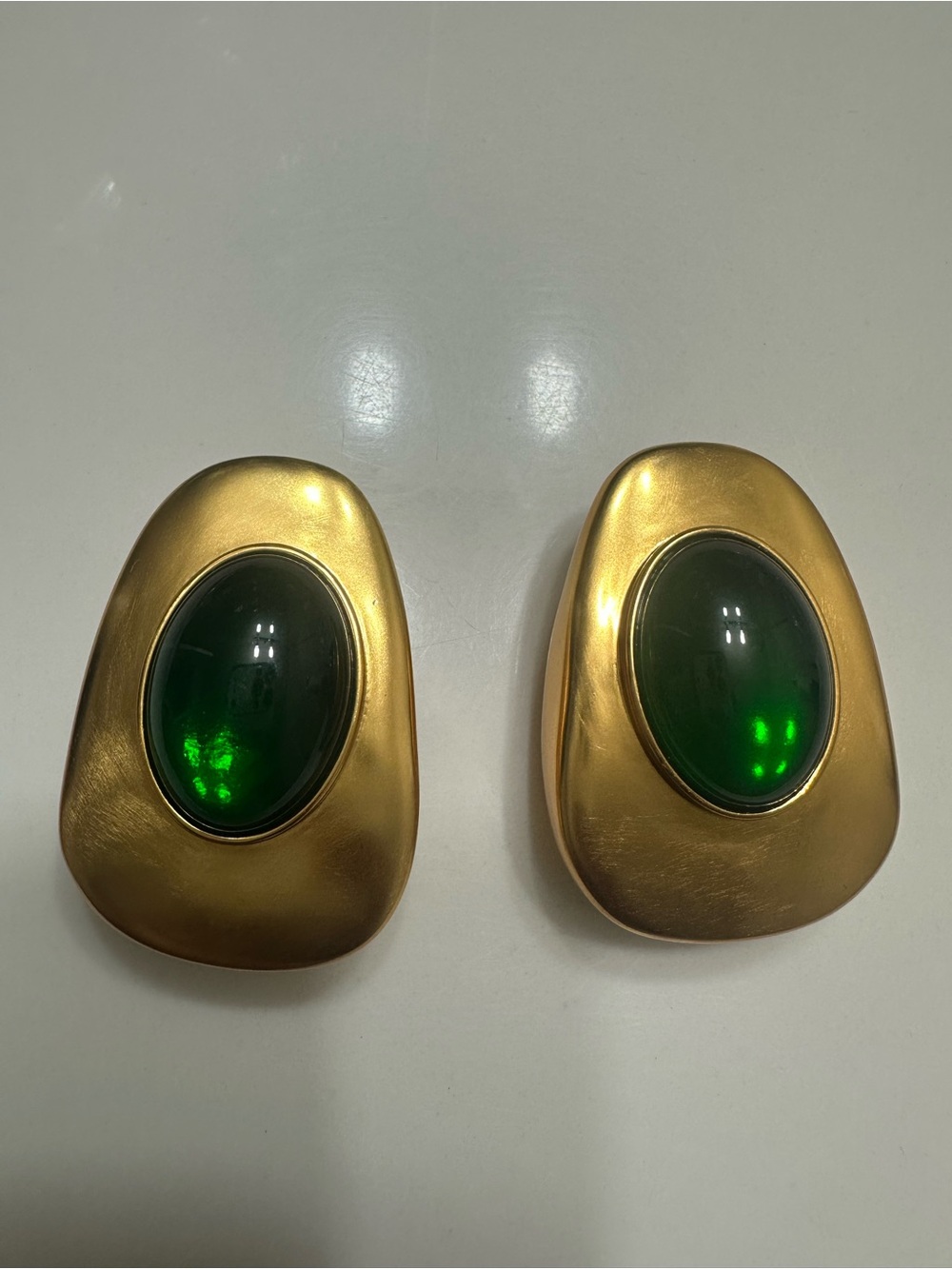 🌟 Saint Laurent Gold-Tone Earrings with Emerald Cabochons